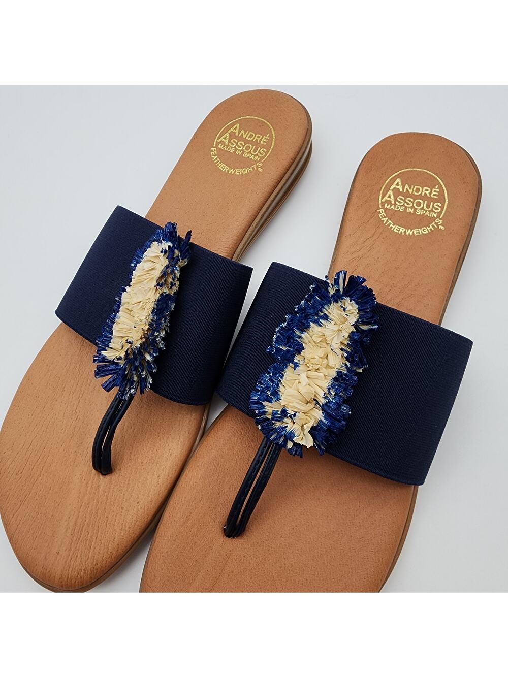 Andre Assous Womens Blue Fringe Thong Sandals Size 11 Stretchy Cushioned Beachy
